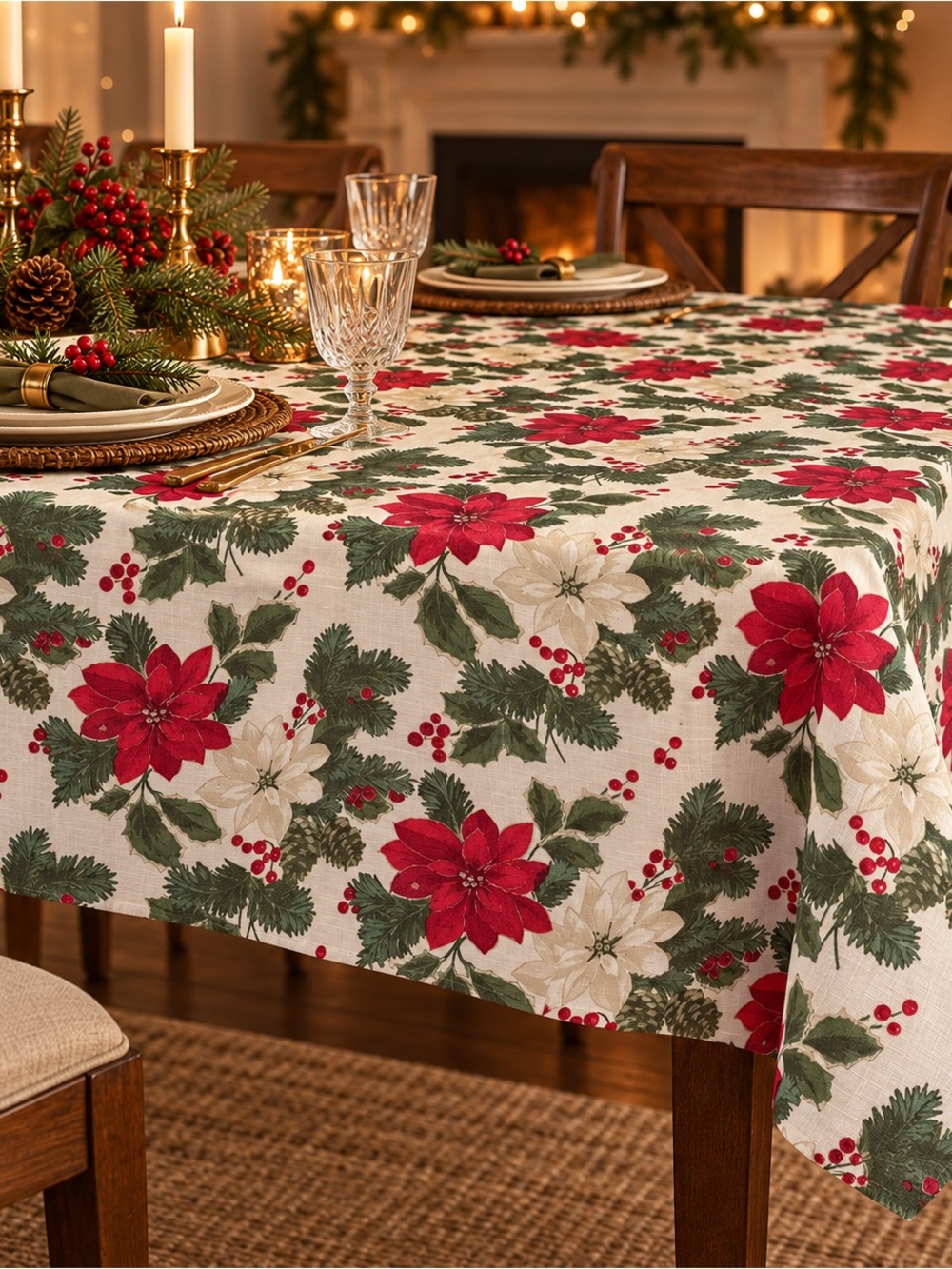 Christmas Poinsettia Tablecloth 59 x 101 Red Ivory Green